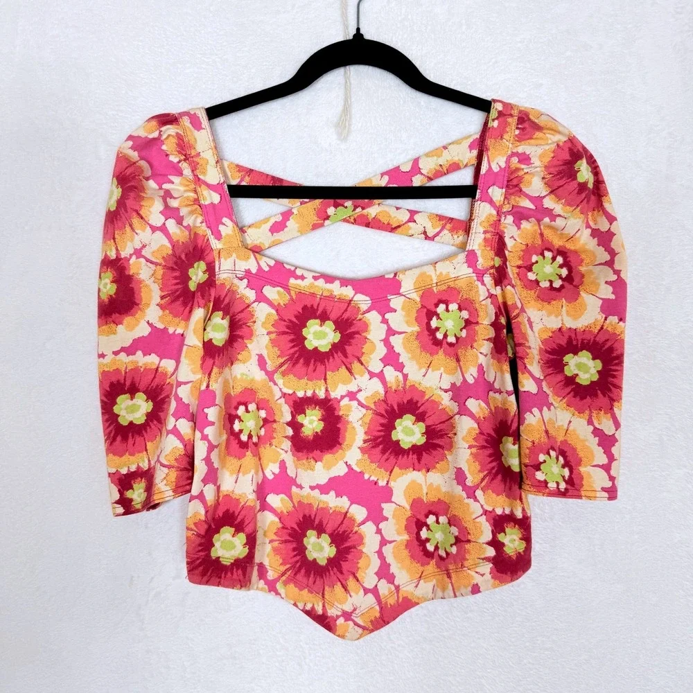 Free People Give Me More Crop Top Pink Floral Puff Sleeve Square Neck M Retro
